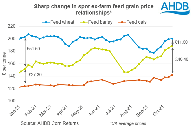 Chart of UK ex-farm feed wheat, barley and oat prices since Jan 2021.